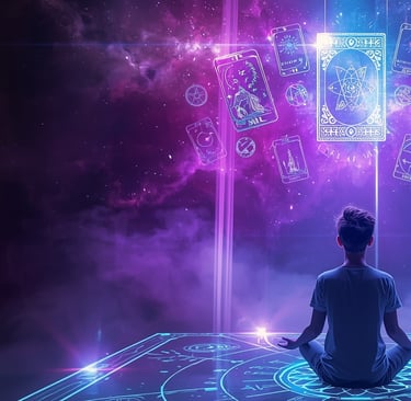 uma pessoa sentada em uma mesa com um deck