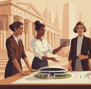 Foto ilustrativa de mulheres arquitetas pioneiras reunidas em torno de plantas e maquetes.