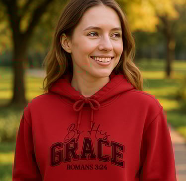 a woman in a red hoodie by jis grace romans 3:24