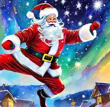 illustration of Santa Claus jumping agilely and happily across the rooftops