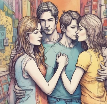 Illustration of three individuals hugging, representing the warmth and love in a polyamorous relationship.