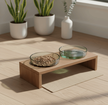 Modern elevated glass pet bowls on wood stand