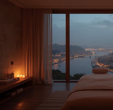  uma cama em um quarto com vista para a cidade do porto