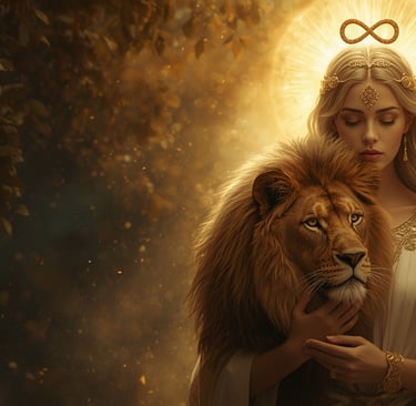 uma mulher de vestido branco segurando um leão