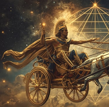 um homem andando em uma carruagem puxada por cavalos no céu