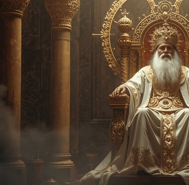 um homem de túnica branca sentado em um trono