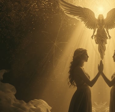 duas mulheres de vestido em pé diante de uma luz dourada