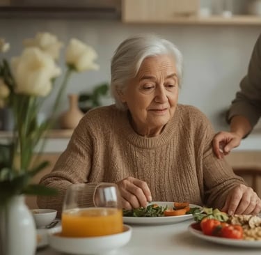 Ältere Person sitzt an einem Esstisch mit einer nahrhaften Mahlzeit, unterstützt von einer Angehörigen