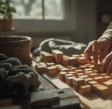 Nahaufnahme  älterer Hände bei sanften, sinnvollen Tätigkeiten wie Stoffe falten oder Holzklötze sortieren