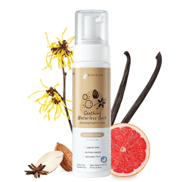 kin+kind waterless dog shampoo foam with organic witch hazel, almond, and vanilla.