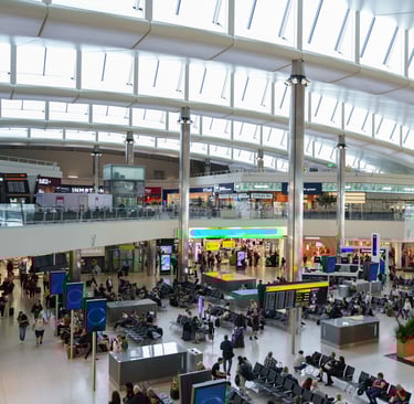The departure hall of Heathrow Airport, the main international airport serving London