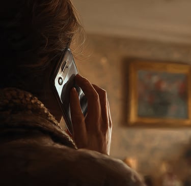Over-the-shoulder photo of a person on the phone inside their home, reaching out for help selling th