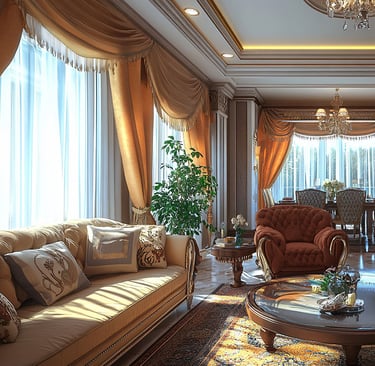 Luxurious traditional living and dining room with tufted seating, ornate curtains, and gold accents