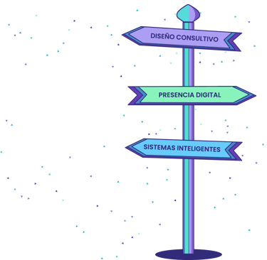 Señal con tres direcciones: diseño consultivo, presencia digital y sistemas inteligentes.