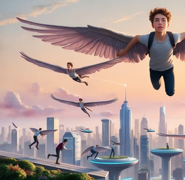 Illustration of people with wings taking off from rooftops