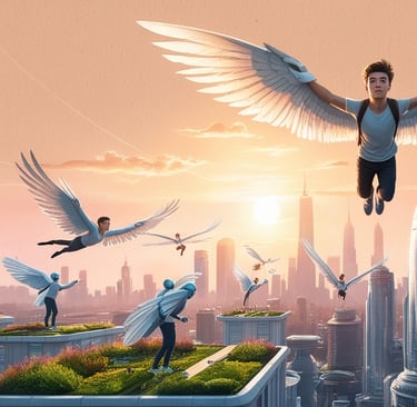 Crowd of winged humans soaring through clouds at sunset
