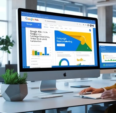 Mujer y hombre trabajando juntos en una oficina moderna, observando pantallas de computadoras con análisis de Google Ads.
