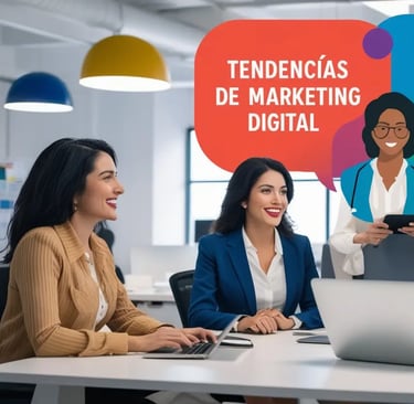 Equipo de marketing digital en oficina.