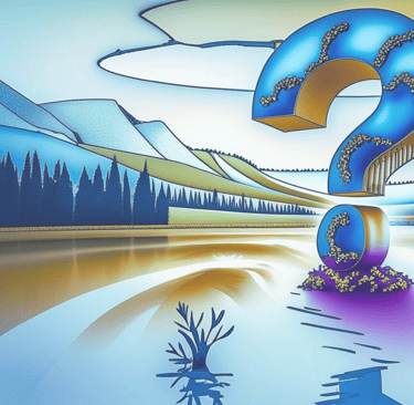 A large stylised question mark symbol rising out of a lake