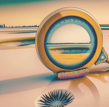 A magnifying glass in a surreal landscape