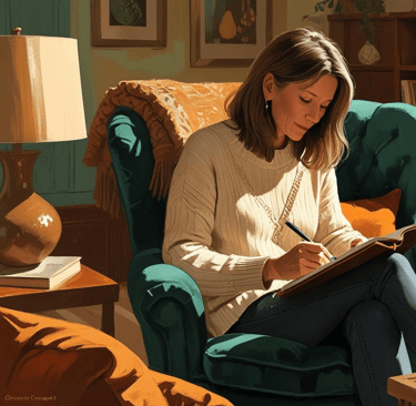 Woman in armchair writing a book