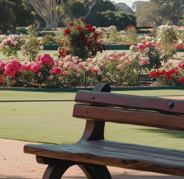 Park bench nestled in a vibrant rose garden.