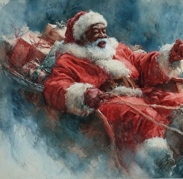 Watercolor painting of Black Santa Claus joyfully steering his sleigh, filled with gifts