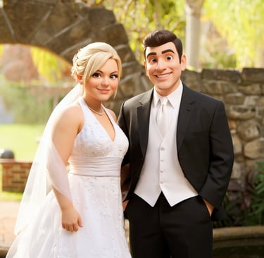 3D cartoon bride and groom standing in front of a fountain