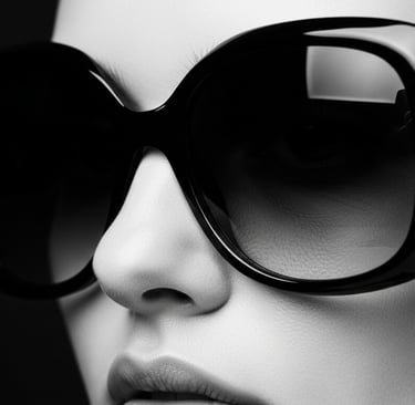 Primer plano dramático de mujer con lentes oversize negros cubriendo gran parte del rostro.