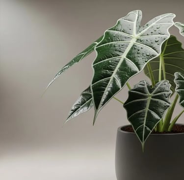 Alocasia Polly u Oreja de Elefante Mini con hojas oscuras y venas blancas marcadas.