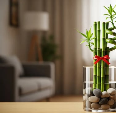 Bambú de la Suerte en jarrón de cristal con piedras y lazo rojo, planta ideal para Feng Shui.