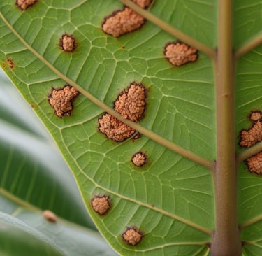 parte inferior de hoja mostrando los síntomas del edema en plantas, con pequeñas ampollas marrones