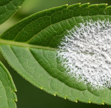Hoja de planta verde afectada por Oídio, mostrando su característico polvo blanco y harinoso