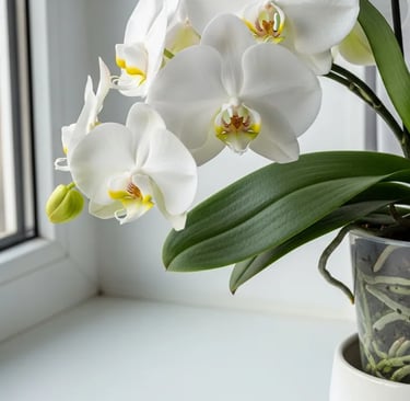 Orquídea Phalaenopsis blanca en maceta transparente con raíces verdes visibles.