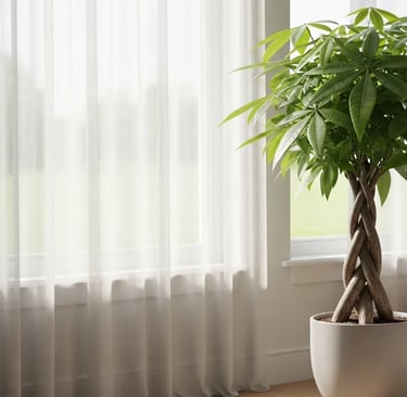 Pachira Aquatica o Árbol del Dinero con tronco trenzado en un salón luminoso.