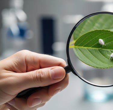 inspeccionando con una lupa una hoja verde en busca de plagas comunes en plantas de interior