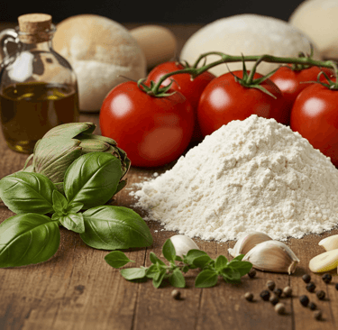 a pizza with tomatoes and cheese on a table