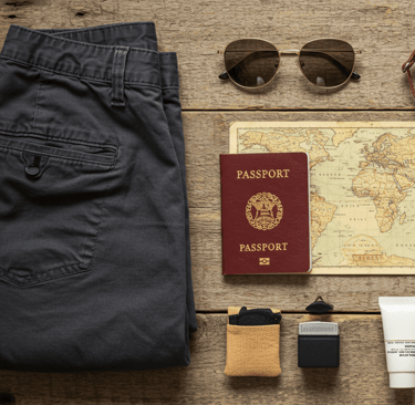 image of comfortable hiking pants, passports, camaras, sunglasses and map