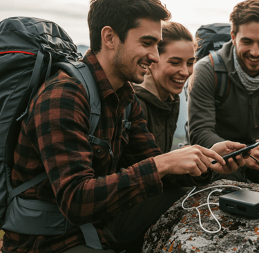 Friends using Portable power bank charger while on a hiking vacation