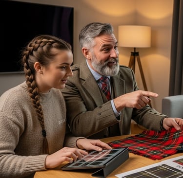 Scottish family or pipe band leader discussing tartan swatches and digital proofs with a ZESTLET designer