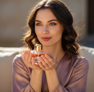 Woman holding perfume bottle with serene expression in soft natural light
