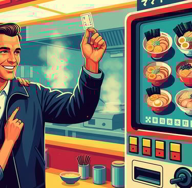 A person confidently using a Japanese ramen vending machine to order food, with a ticket in their ha