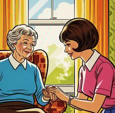 A compassionate caregiver holding the hand of an elderly family member, symbolizing support and care