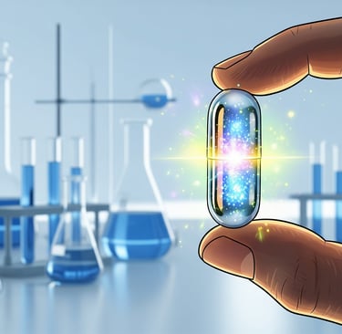 A close-up shot of a human hand holding a clear capsule with a vibrant, glowing substance inside, se