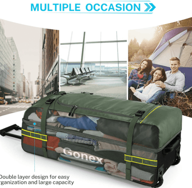 a large suitcase with multiple compartments and a large bag