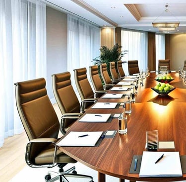 modern conference room with wooden table and leather chair