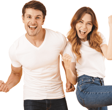 a man and woman are standing in front of a white background