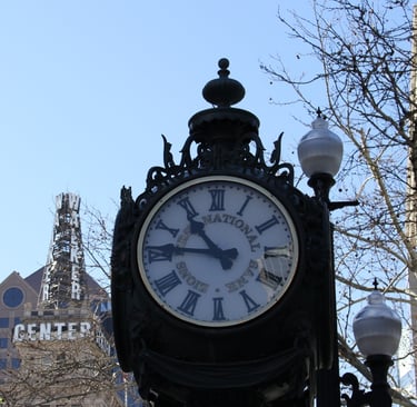 A Zion First National Bank clock in front of the Walker Center in downtown Salt Lake City