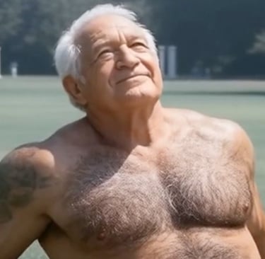 butch masculinity, dominant presence, hairy chest, broad shoulders, powerful physique, virile man