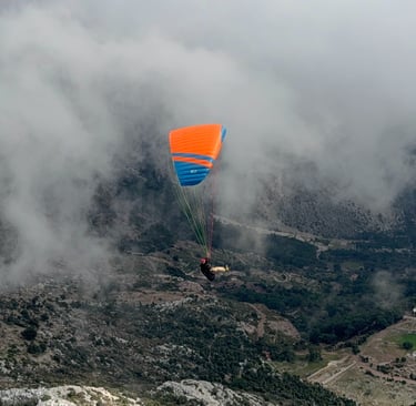 safe EN-A paraglider flying over clouds